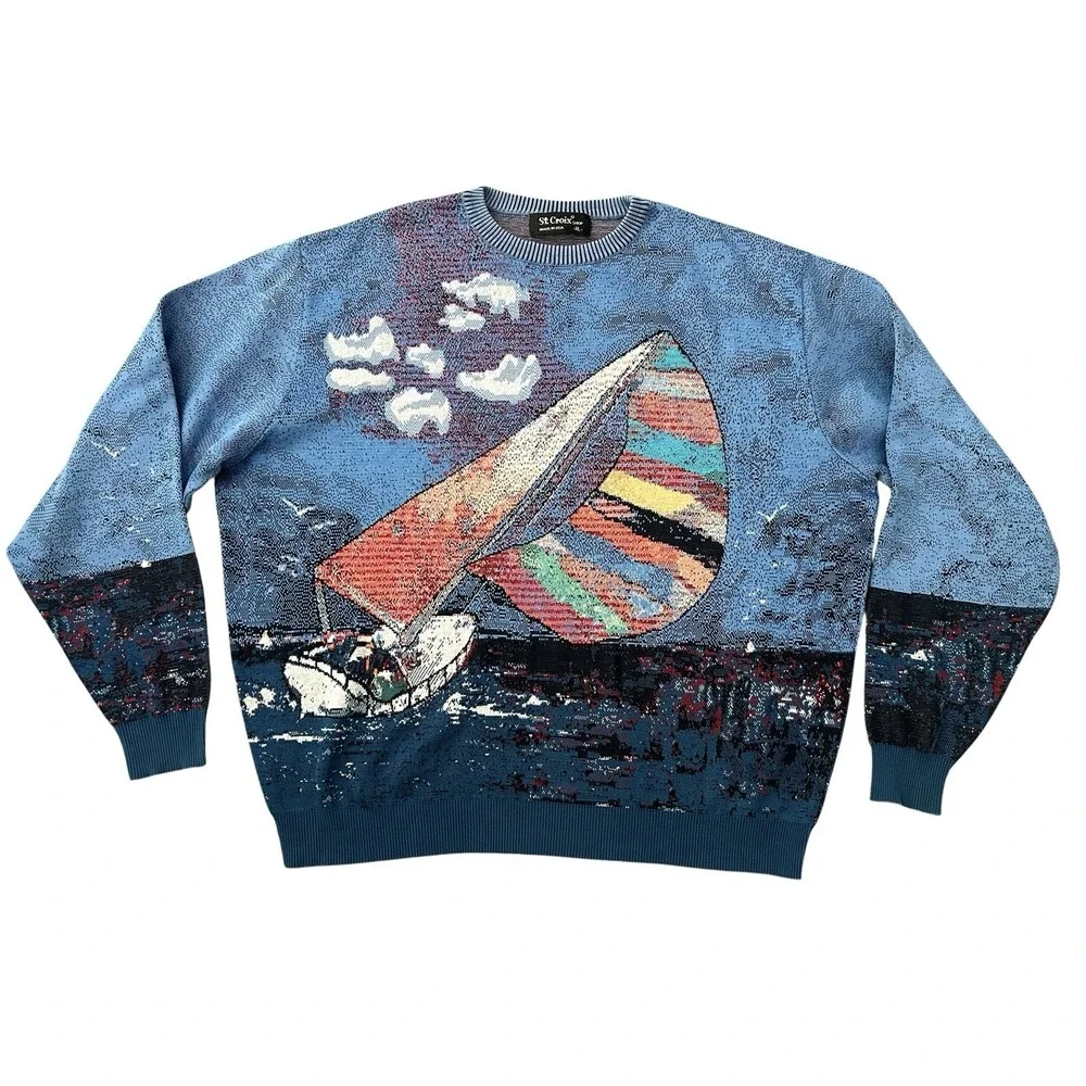 Vintage St. Croix Knits Sweater Men's XL Blue Sailboat Clouds Nautical Jacquard